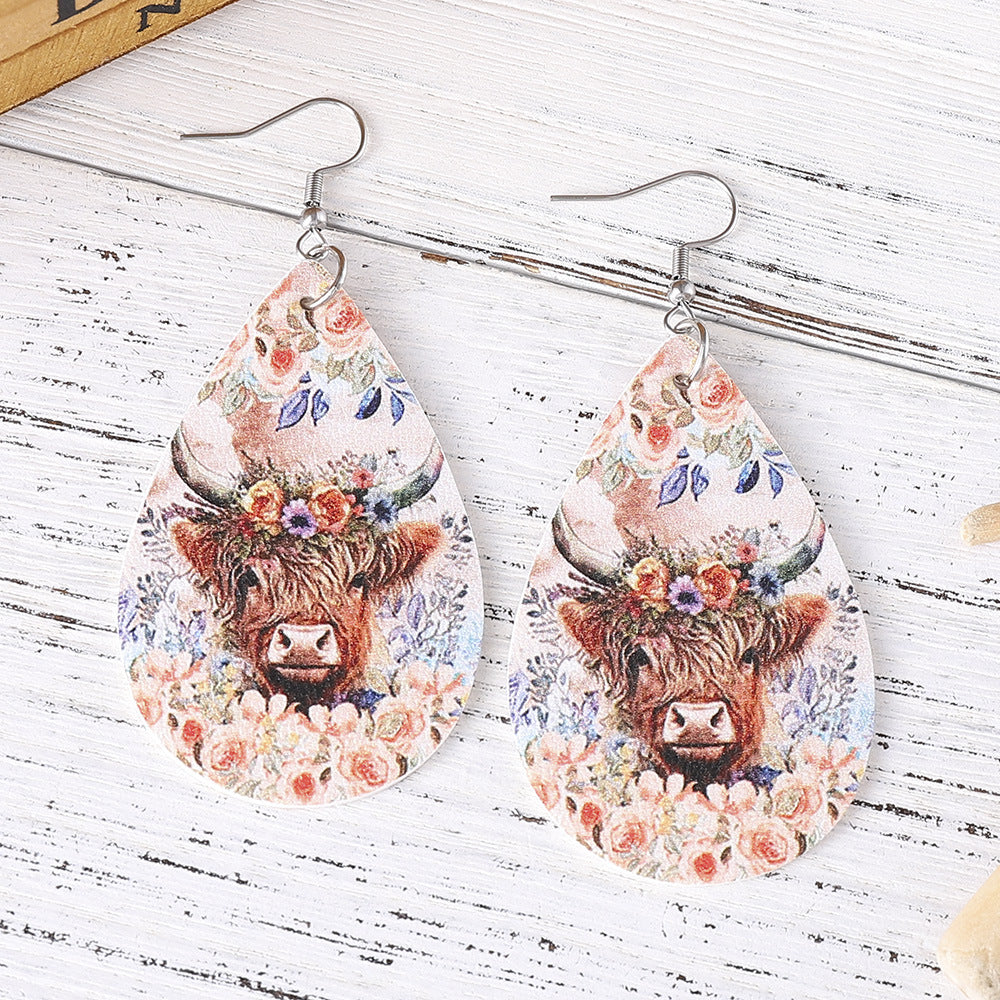 Wholesale Western cowboy flower bull head ring double-sided leather water drop earrings